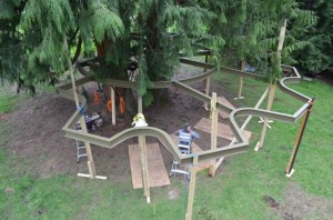 bent steel provides  tree house floor supports and decking