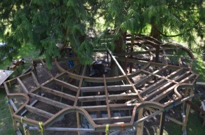 bent steel provides  tree house floor supports and decking