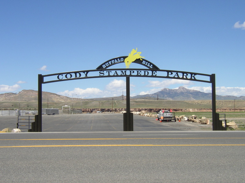 Curved Steel Signage at Entrance to Yellow Stone National Park Attraction "Buffalo Bill Cody Stampede Park"